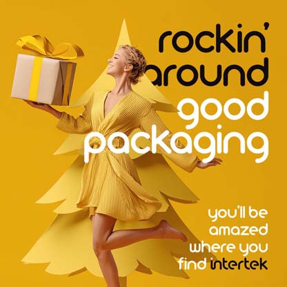 A woman holding a giftwrapped present next to a yellow pine tree representative of the holidays